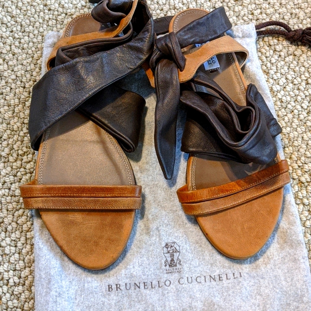 Brunello Cucinelli Leather Ankle Wrap Sandals